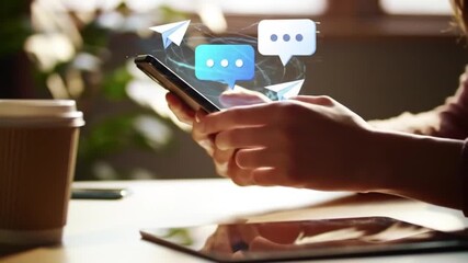 Person Using Smartphone with Digital Messaging and Communication Icons - Powered by Adobe