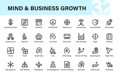Modern mind, business, and productivity icon set with growth, teamwork, security, success, and management symbols for professional digital projects