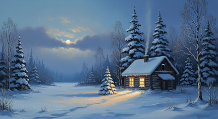 Cozy winter cabin glows with warm light under a serene moonlit sky, inviting peace and solitude amidst snow-covered evergreen trees and a frosted forest landscape.