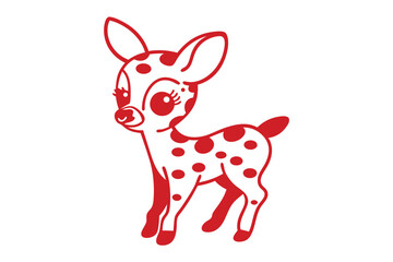Red outline of a cute spotted cartoon deer standing against a white backdrop