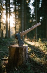 Axe embedded in tree stump in forest at sunset