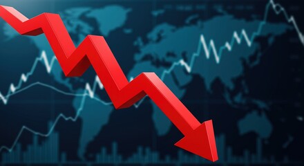 Global economic downturn symbolized by a sharp red arrow plummeting across a world map background with financial charts, indicating market collapse and crisis