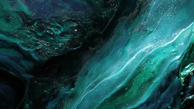 liquid fluid abstract background, deep emerald and sapphire tones, crystalline reflective texture, dynamic fluid motion, mysterious and opulent vibe
