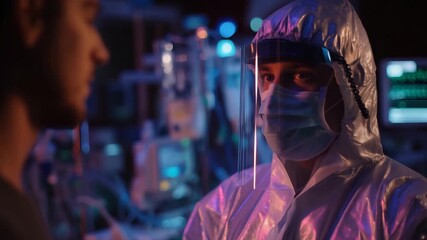 Dramatic silhouette of a healthcare worker in full protective suit beside a patient bedside in a dim ICU, ambient machine light reflecting off face shield and gloves, life‑support equipment humming