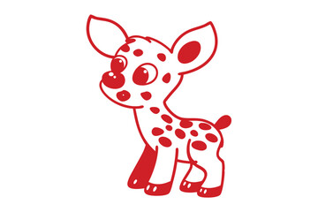 Red outlined fawn stands sweetly with spots against the white background in a whimsical manner