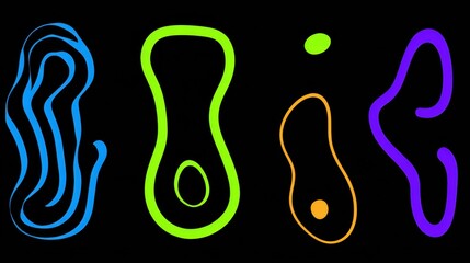 Four Amoeba-Like Shapes in Blue, Green, Orange, and Purple with Internal Contours on Black Background in Abstract Digital Composition