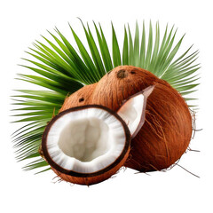a coconut with leaves and a coconut cut in half isolated on white and transparent background.