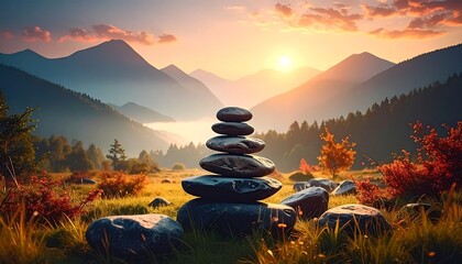 Peaceful scene of balanced stones at sunrise in the mountains, symbolizing mindfulness, inner peace, harmony, and natural beauty.