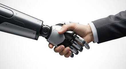 A human hand shaking a robotic hand, symbolizing collaboration and technology.