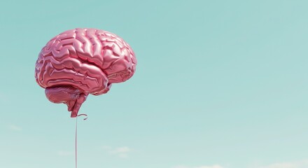 A striking pink human brain, stylized as a balloon, floats effortlessly against a tranquil blue sky, symbolizing mental freedom, innovative thought, and the boundless potential of the human mind