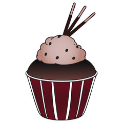 Chocolate Cupcake with Frosting and Wafer Stick Topping , Rich Dessert Treat for Cafe Menu or Sweet Shop Graphic , Vector illustration on white background