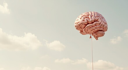 Conceptual image of a shimmering brain-shaped balloon ascending into a vast, open sky, representing abstract ideas, intellectual exploration, and the liberating power of thought