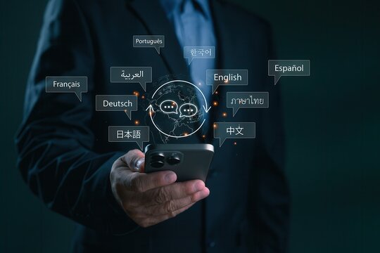 Man using AI real-time language translation app on smartphone,global communication technology with speech bubbles,multilingual speech interface,chatbot tool for travelers
