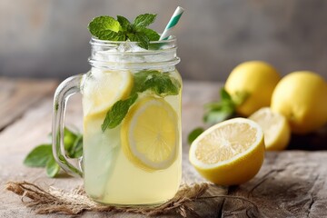 Fototapeta premium Refreshing homemade lemonade with mint and ice in glass jar