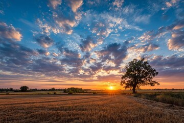 Fototapeta premium Dramatic sunset sky over golden countryside field