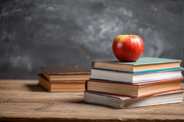 Red apple on stack of books in classroom