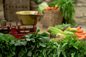 A vibrant and colorful display of fresh vegetables alongside traditional scales at a bustling local market