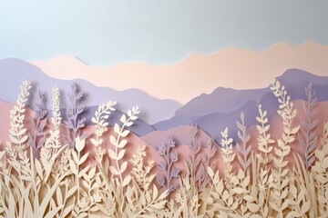 Delicate paper cut landscape featuring pastel colored mountains and blooming wildflowers.