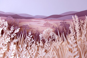 Delicate paper-cut landscape showcasing a tranquil scene of layered flora and hills, rendered in soft pastel colors.