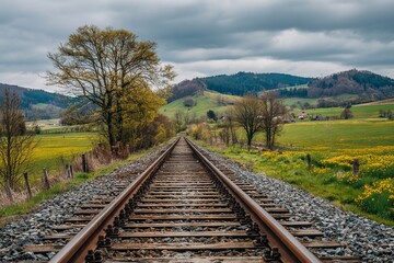 Fototapeta premium Railway tracks through countryside field with wildflowers and mountains
