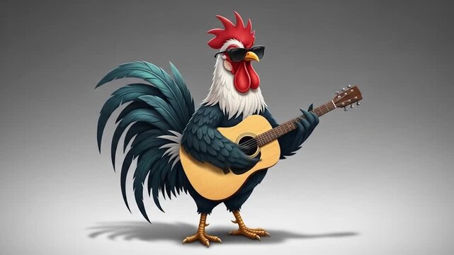 Animated Cartoon Rooster Playing Acoustic Guitar with Sunglasses on a Grey Background