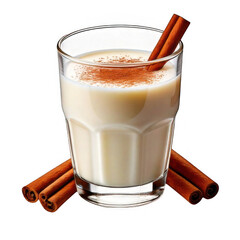 a glass of milk with cinnamon sticks.