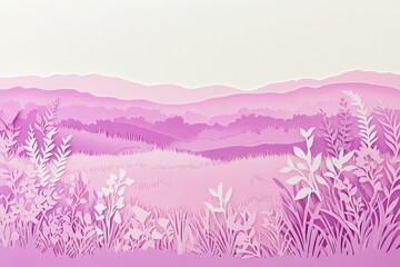 A layered, paper-cut landscape of a field of flowers and grasses against a backdrop of softly shaded, layered mountains, evoking a sense of serenity and calmness in a delicate shade of lavender-pink.