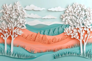 A whimsical, layered landscape of pastel colors, featuring intricately cut paper trees and rolling hills.