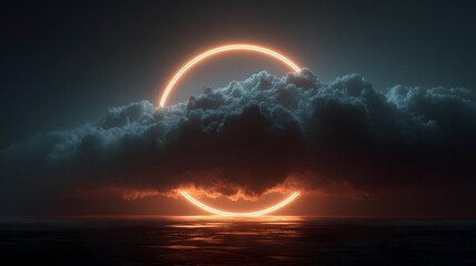abstract cloud illuminated with neon light ring on dark night sky.