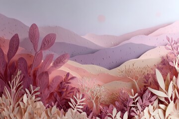 A delicate, layered landscape of varying shades of pink and purple paper, showcasing intricate foliage and rolling hills.
