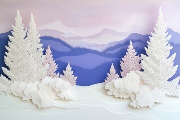 A winter scene with delicate, paper-cut trees against a backdrop of purple mountains and snow.