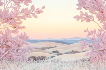 Delicate, pastel-hued landscape scene framed by light pink paper cutout trees, showcasing a soft sunrise over rolling hills.