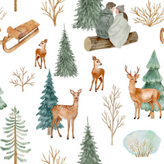A seamless digital watercolor pattern depicting a lively Christmas forest scene with deer, squirrels, pine trees, and a wooden sled.