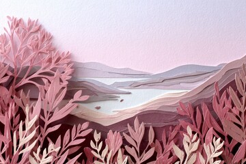 A delicate, layered landscape of soft pinks and browns, showcasing intricate paper cut foliage and mountains.