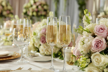 Elegant wedding table with champagne glasses and floral arrangements
