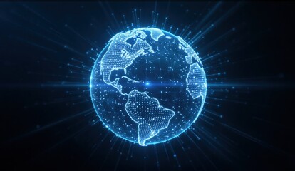 Obraz premium Glowing Digital Earth with Streaks of Light on a Dark Background, Representing Global Connectivity and Technology
