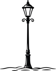 Classic ornate street lamp post with decorative details illuminated in vintage style