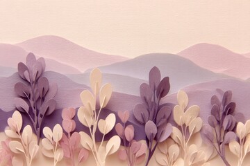 A serene landscape of layered paper cut-out trees against a pastel purple and pink mountain range, evoking a sense of tranquility.