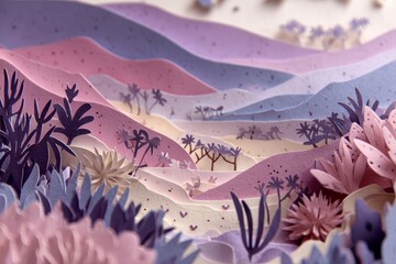 A layered paper landscape, featuring detailed desert plants and hills, in soft, pastel hues, evokes a serene and whimsical mood.
