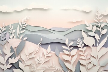 A serene, layered landscape design featuring delicate, white paper cut leaves against pastel colored hills and clouds.