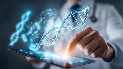 Precision Diagnosis: A medical professional with a stethoscope on their neck, examines a 3D rendition of a DNA strand and a tablet. - Powered by Adobe