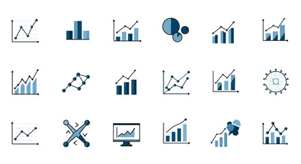 Collection of business charts and graphs representing data analysis and financial growth on white background, conveying a sense of progress and success.