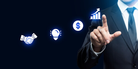 Business strategy concept. Touching screen on the icon representing business strategy elements, teamwork, partnership, innovation and technology, target and growth. Business acheivement. future, grow 