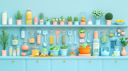 Minimal Horizontal Continuous Line Drawing Poster with Utensils and Food in Artistic Salad Preparation Concept