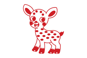 Stylized red cartoon deer with spots stands on an isolated white background looking cute