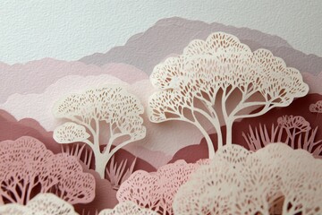 Delicate paper cut landscape showcases layered trees and soft color palettes against a textured background.