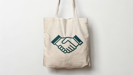Fun Reusable Products A reusable tote bag featuring a handshake graphic, symbolizing partnership and cooperation.