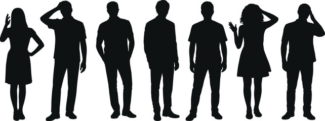 Group of men and women silhouettes standing, casual human figures, people outline vector illustration, black shadow poses for design and artwork