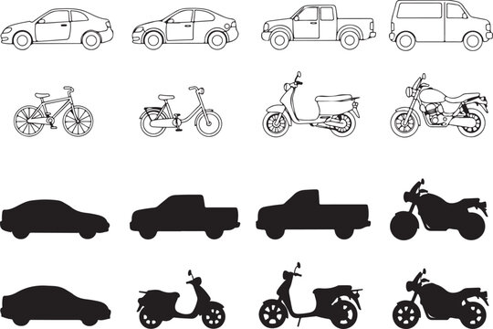 Vehicle vector set car, bike, bicycle in silhouette and outline styles.eps