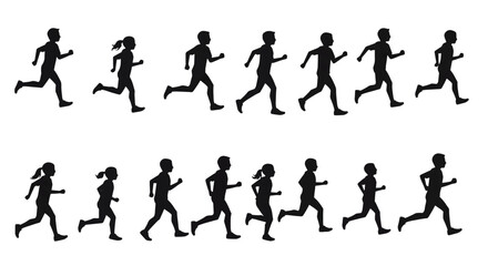 Obraz premium Silhouetted figures running in a row on a white backdrop, showcasing movement and energy in a simple, modern style.